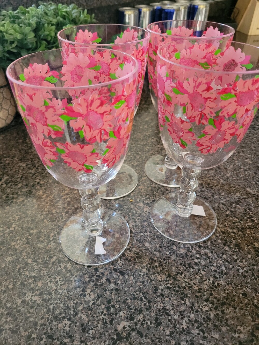 Lilly Pulitzer Acrylic Wine Glasses Pink Green Floral Set of 4 Stemmed Cups